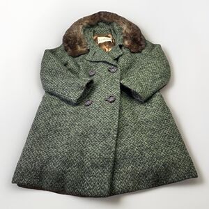 Vintage 50s Bromleigh NY Wool Coat w/ Fur Collar Green Tweed Hochschild Kohn